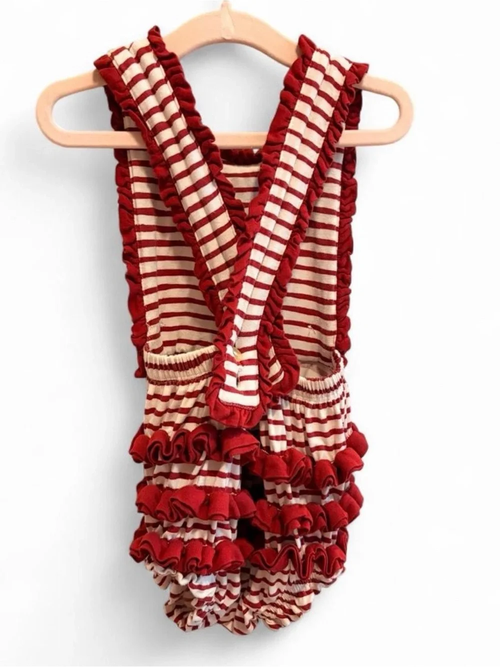 Kate Quinn Nautical Red & Cream Striped Ruffle Baby Romper | 6-12 months